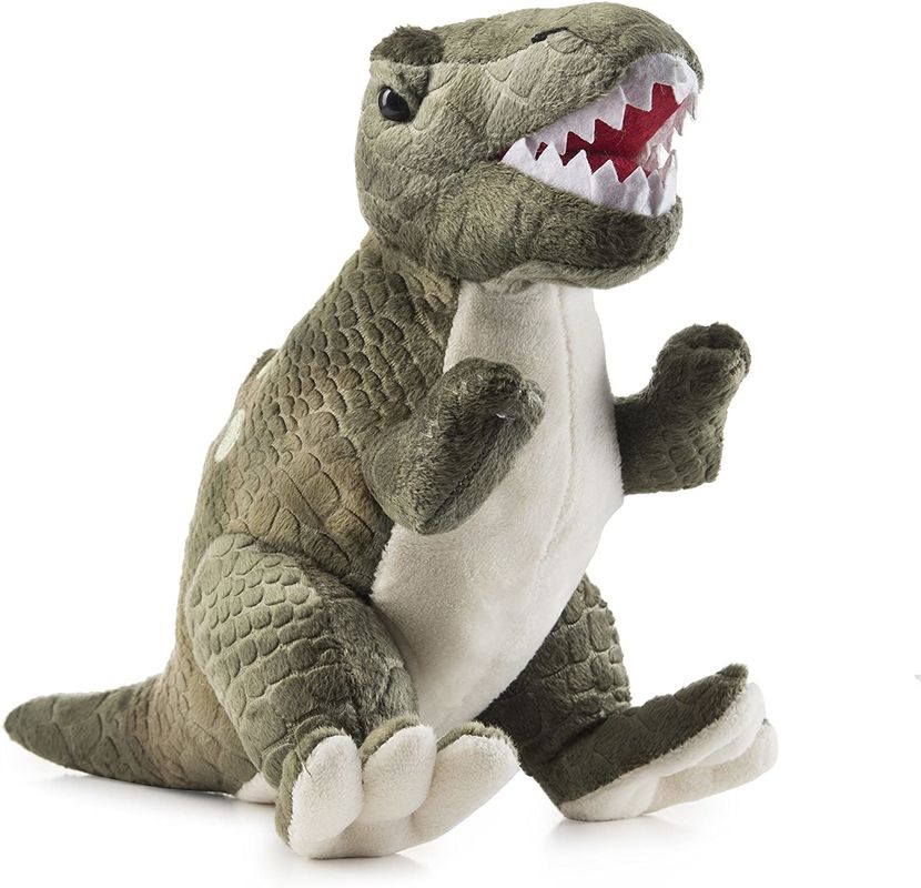 Green Tyrannosaurus plush toy with long pointed teeth A dinosaur plush toy made of embossed shearing plush